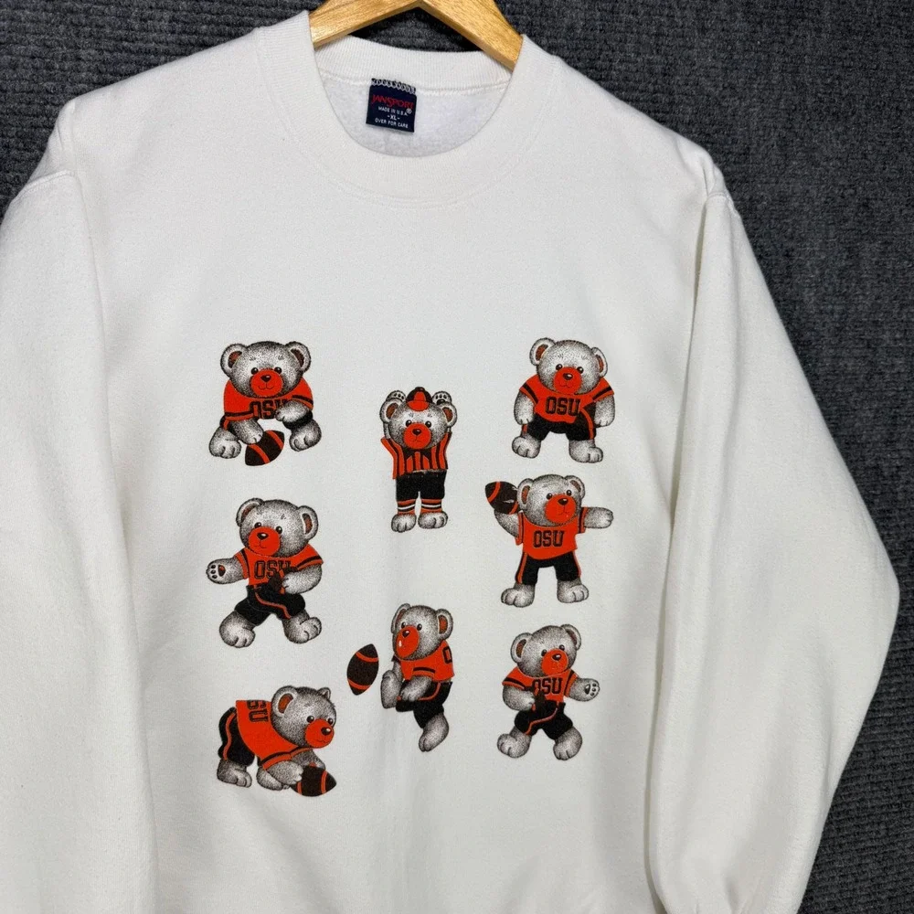 Vintage 80s JanSport Oklahoma State OSU Teddy Bear Football Sweatshirt XL White